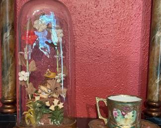 ANTIQUE FRENCH GLASS OVAL DOME, ANTIQUE HANDPAINTED CUP & SAUCER