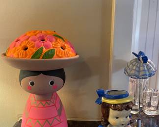 MCM GLOW CANDLE HOLDER MOD FLOWER FESTIVE FIGURE NINA, NAPCO BLUE GINGHAM DOLL HEAD VASE