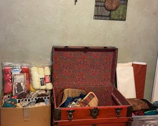 ANTIQUE TRUNK, YARN AND MATERIAL