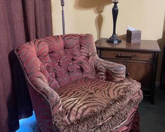 ANIMAL PRINT ACCENT CHAIR, MCM CENURY FURNITURE NIGHTSTAND