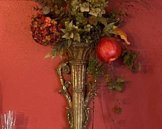 ORNATE WALL SCONCE VASE WITH FLORAL ARRANGEMENT (HAVE A PAIR)