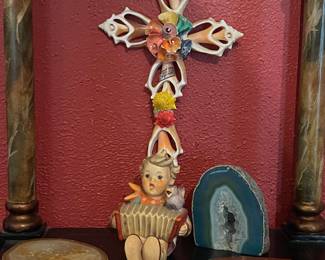 POLISHED GEODES, HUMMEL FIGURINE, VINTAGE SEASHELL CROSS FROM COZUMEL