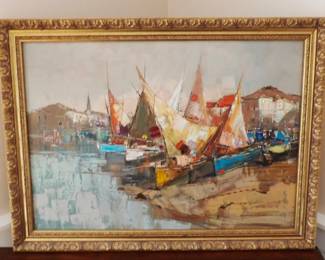 Contemporary Oil on Canvas Impressionistic Fishing Harbor Scene