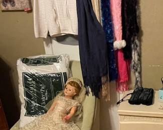 Accent chair, vintage doll, scarves, art work, night stand and misc items