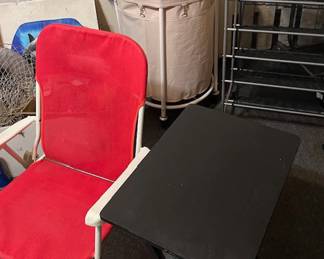 Folding chair, folding table, round laundry cart (these are great to have!), rolling shoe cart