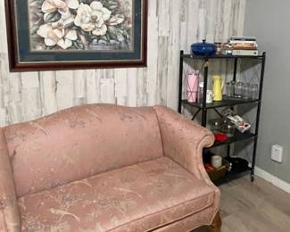 Vintage love seat, artwork, and misc kitchen items
