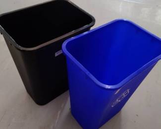 1 Blue Recycle Bin And 1 Black Trash Can