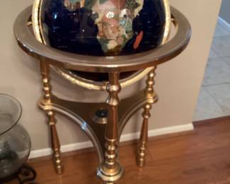 Unique art 36“ x 13“ floor world globe with blue lapis gemstone and gold tone tripod 