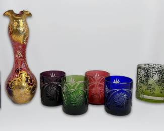 Bohemian Hand Painted Cranberry Vase Colorful Cut to Clear Crystal Drinking Glasses 