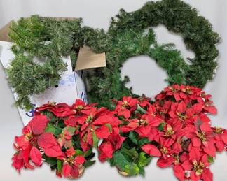 2 Large Christmas Wreaths, 4 Faux Poinsettias, 1 Large Box of Garlands 