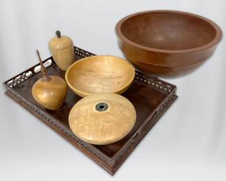 Chippendale Style Wooden Tray, Bowls, Wood Turned Decor