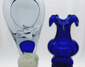 Art Glass Collection Adam Jablonski Bird Vase, Blue Ruffles Vase, And Maxwell Crystal Apple Signed 