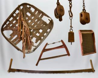 Antique Primitives Tobacco Basket, Crosscut Saw, Pulleys,  More