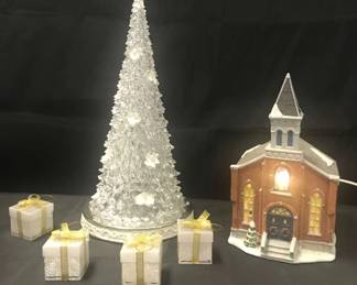Cracker Barrel Lighted Tree and Ceramic Church