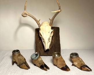 Victorian Deer Hoof Ashtrays & Mounted Deer Skull