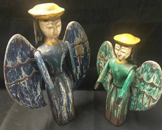 Unique Primitive Style Jointed Hand Carved Guardian Angel Pair