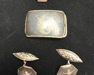 Vintage T.Y. Lee & Co. Siam and Sterling Silver Cuff Links & Tie Clip