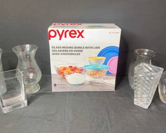 Pyrex Mixing Bowl Set, Assorted Glass Vases