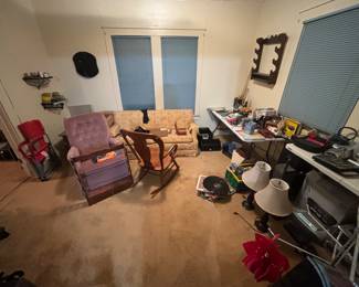 Vintage audio equipment, couches, chairs, lamps