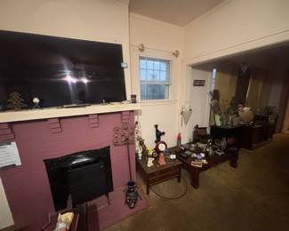 TV, trinkets, wooden coffee tables