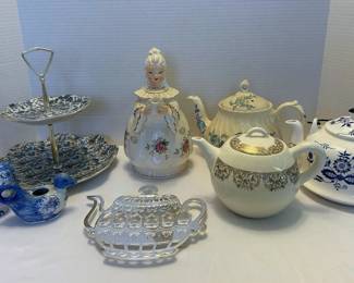 Elegant Vintage Teapots, Trivet, Tiered Tray, More