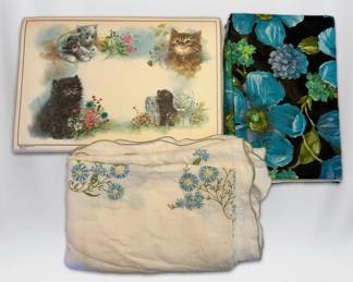 Adorable Vintage Placemats Cats, Woodland Creatures Floral Tablecloths