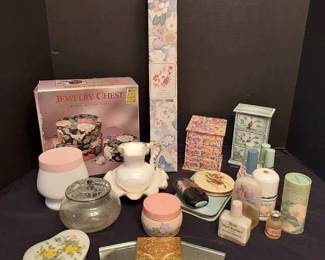 Vintage Ladies Vanity Items, Cologne, Makeup, Compacts, More