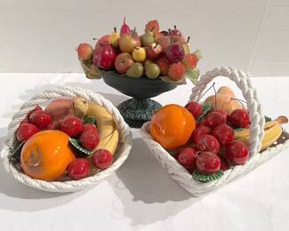 Two Lanzarin Ceramic Baskets Of Fruit And One Plastic Fruit Arrangement
