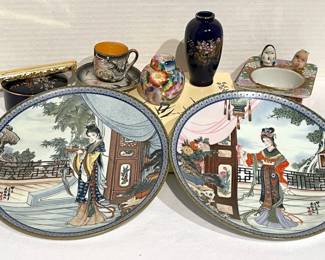 Decorative Japanese Plates, Small Vase, Urn, Ashtray, And More