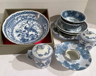 Chinese And Japanese White And Blue Bowls, Mugs, And Ashtray