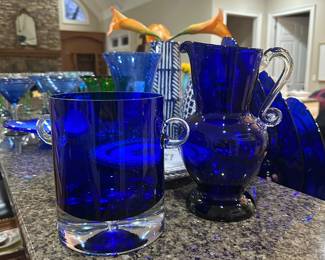 Stunning cobalt blue glass vases and pitchers