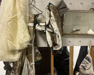 Window panels and drapery, vintage brass lighting pendants and chandeliers