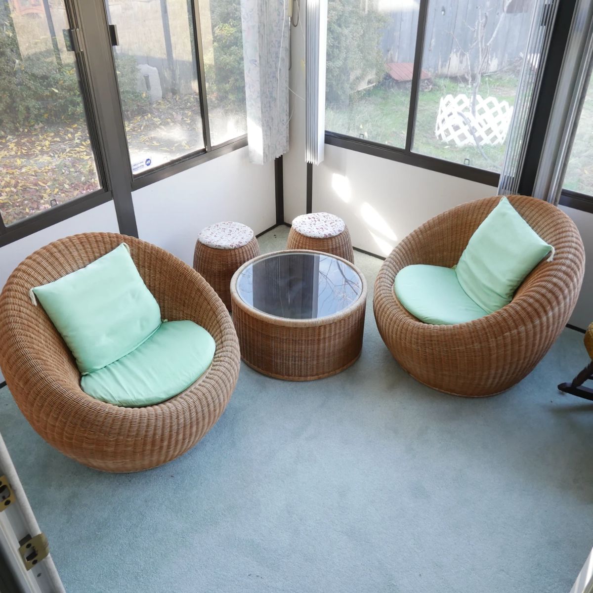 Rattan Lounge Chairs, Stools & Side Table by Isamu Kenmochi for Yamakawa Rattan | View detailed pictures and descriptions on placerauctions.com