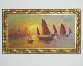 Chinese Junk Boats Oil on Canvas Painting by S.T. Young | View detailed pictures and descriptions on placerauctions.com