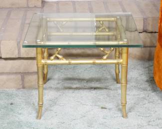 Glass Top Side Table w/Gold-Tone Metal Bamboo Frame | View detailed pictures and descriptions on placerauctions.com