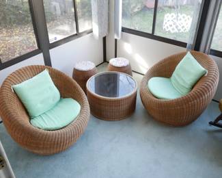 Rattan Lounge Chairs, Stools & Side Table by Isamu Kenmochi for Yamakawa Rattan | View detailed pictures and descriptions on placerauctions.com