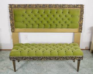 Archlace French Provincial Tufted Green Headboard & Bench | View detailed pictures and descriptions on placerauctions.com