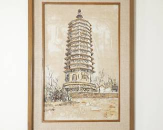 Mixed Media Butterfly Wings & Leaves Pagoda on Fabric Framed Wall Art | View detailed pictures and descriptions on placerauctions.com