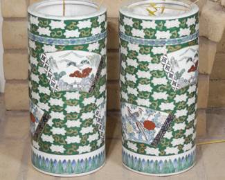 Pair of Chinoiserie Ceramic Umbrella Stands | View detailed pictures and descriptions on placerauctions.com