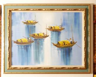 Chinese Fishing Boats Oil on Canvas Painting by C.H. Huang | View detailed pictures and descriptions on placerauctions.com