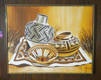 Large Native American Pottery Still Life Oil on Canvas Painting by McPherson | View detailed pictures and descriptions on placerauctions.com