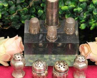 Sterling silver salt & peppers, thimbles, and Tiffany & Co. snuff bottle