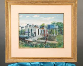 Aaron Bohrod gouache/paper painting "The Old Train Station"