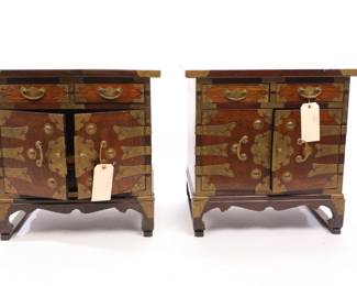 Pair Tiger Maple & brass ornate end tables