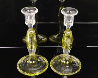 Chartreuse cut to clear glass candlesticks