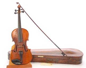 19th c. Stradivarius copy violin German with bow and coffin case