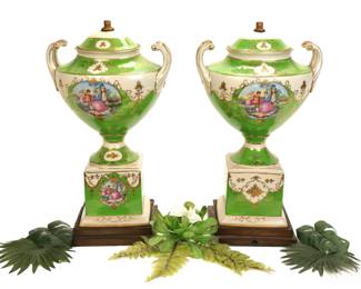 Pair antique painted porcelain urns