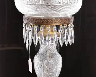 Cut glass table lamp with onion dome and crystals