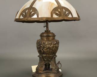 Caramel slag glass lamp with bronzed putti base