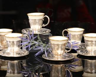 Webster sterling silver demi-tasse holders/ saucers with German porcelain inserts